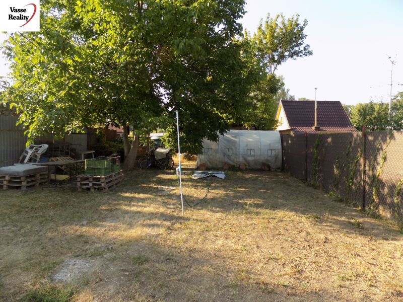 A garden with a cottage on Pumpkin Field in Nové Zámky, surrounded by wooden pallets and a tree.