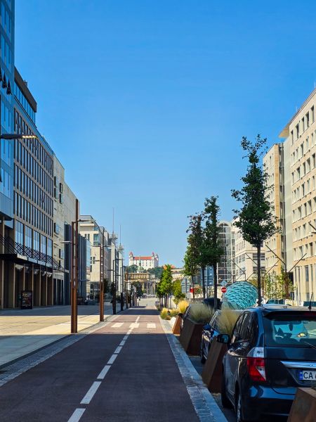 Landererova Street in Bratislava with a distant view of Bratislava Castle.