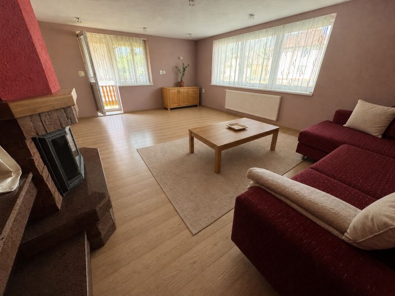 Living room in a family house with a sofa, fireplace, and wooden decor flooring.