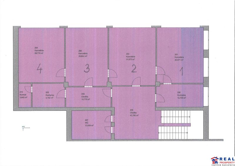 Floor plan of offices with rooms and a kitchenette, suitable for workspaces.
