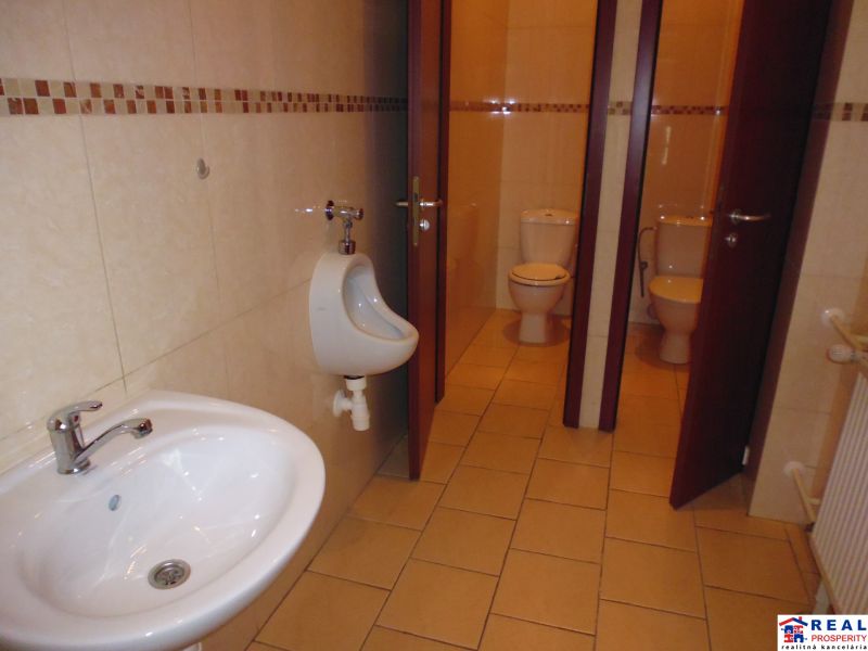 Restroom in the office with a sink, urinal, and two stalls.
