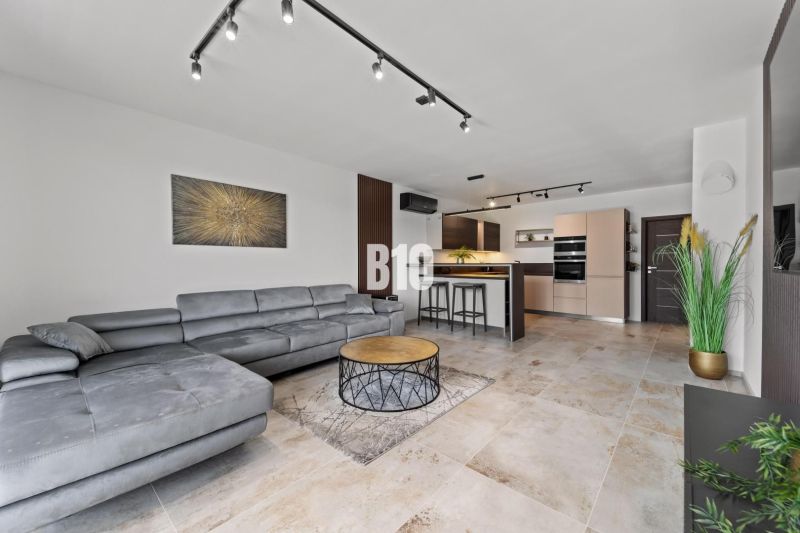 Living room in a family house with a comfortable sofa, kitchen, and wooden decor flooring.