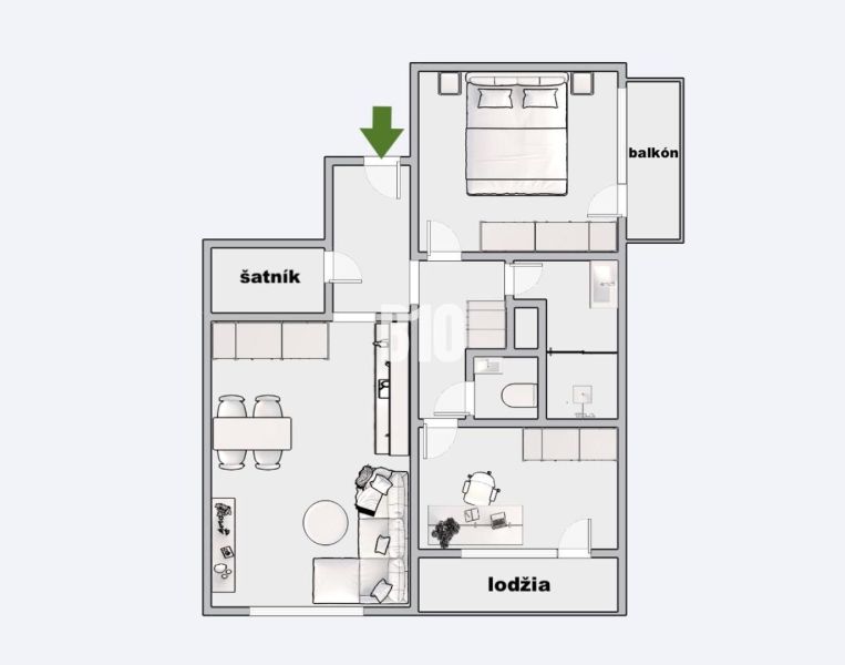 Floor plan of a 3-room apartment with a balcony, loggia, bathroom, and wardrobe.