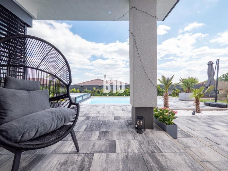 A family house in Nitra with a terrace, a swimming pool, a rattan chair, and palm trees.