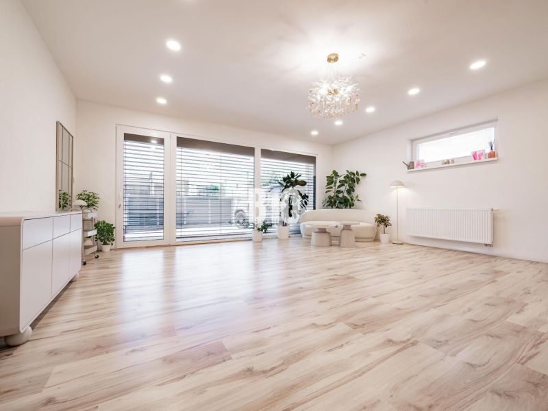 Bright living room with wood-patterned flooring, large windows, and plants.