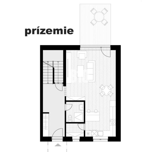 Ground floor plan of a family house with an open kitchen and a wooden decor floor.