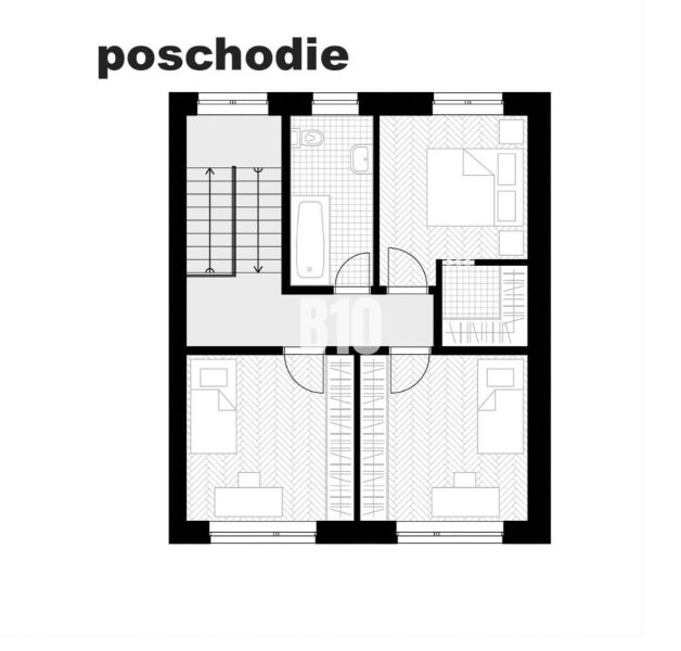Floor plan of a family house with bedrooms and a bathroom, wooden decor flooring.