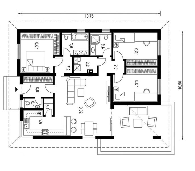 Floor plan of a family house with three rooms and a kitchen in Nitra.
