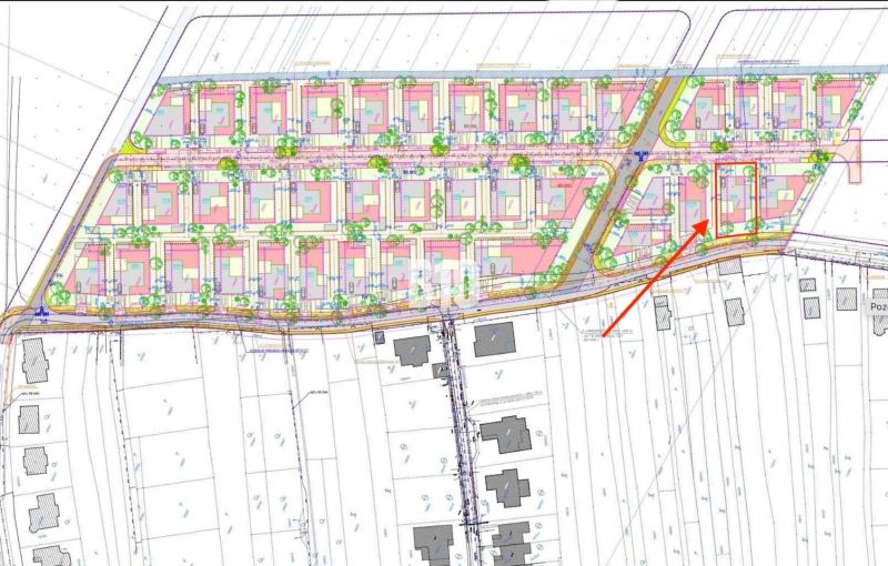 Land use plan for residential plots in Nitra with marked parcels and greenery.
