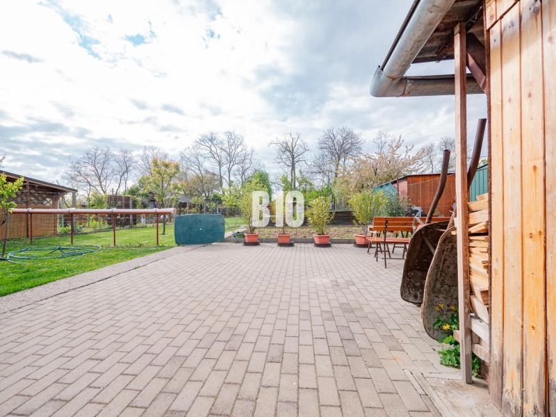 The courtyard of a family house in Nitra with a paved terrace, greenery, and a woodshed.