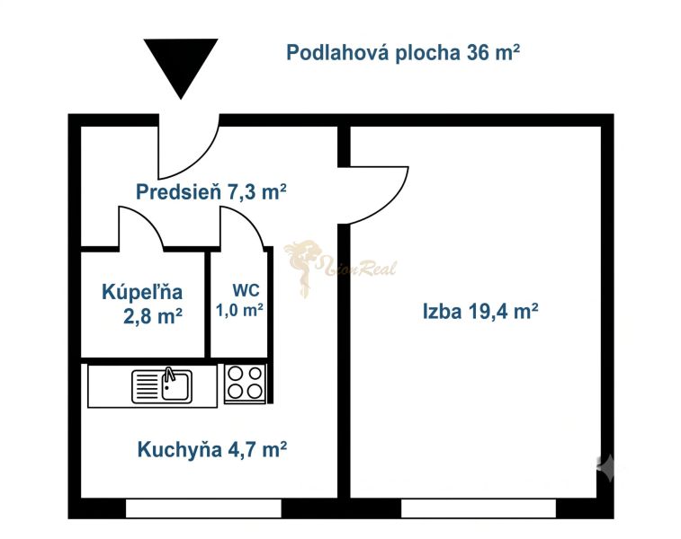 Floor plan of a 1-bedroom apartment with an area of 36 m².