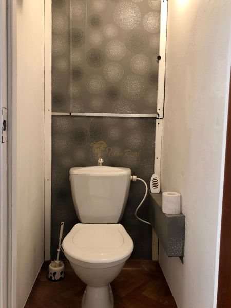 A toilet in a one-room apartment with a decorative wall and a floor with a wooden decor.