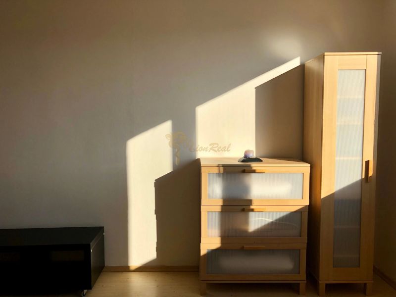 Cabinets in a one-room apartment with a wooden decor floor and sunlight.