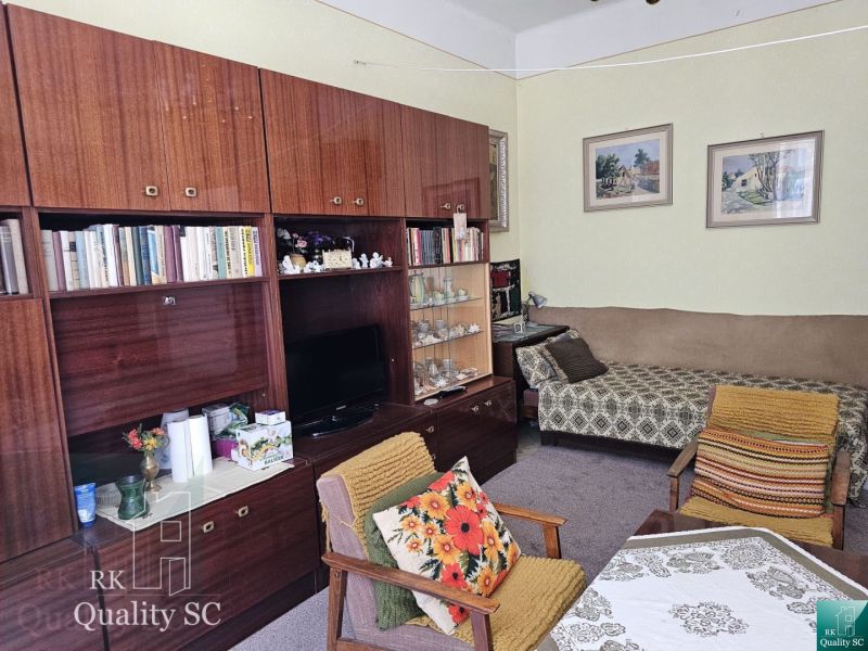 A living room with a wooden wall, carpeted floor, and retro furniture in a two-room apartment.