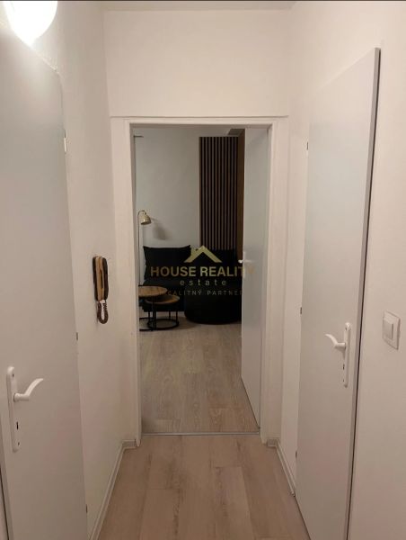 A hallway in a one-room apartment with a wooden decor floor and a door to the room.
