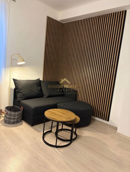1-bedroom apartment with a sofa, coffee table, and a wall with wooden slats.