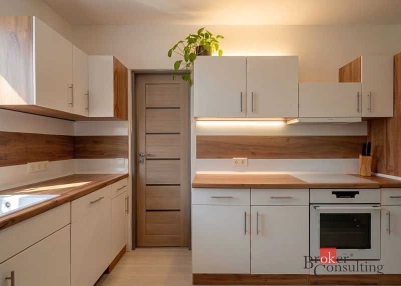 A kitchen with a wood-patterned floor, white and brown cabinets, a plant on the cabinet.