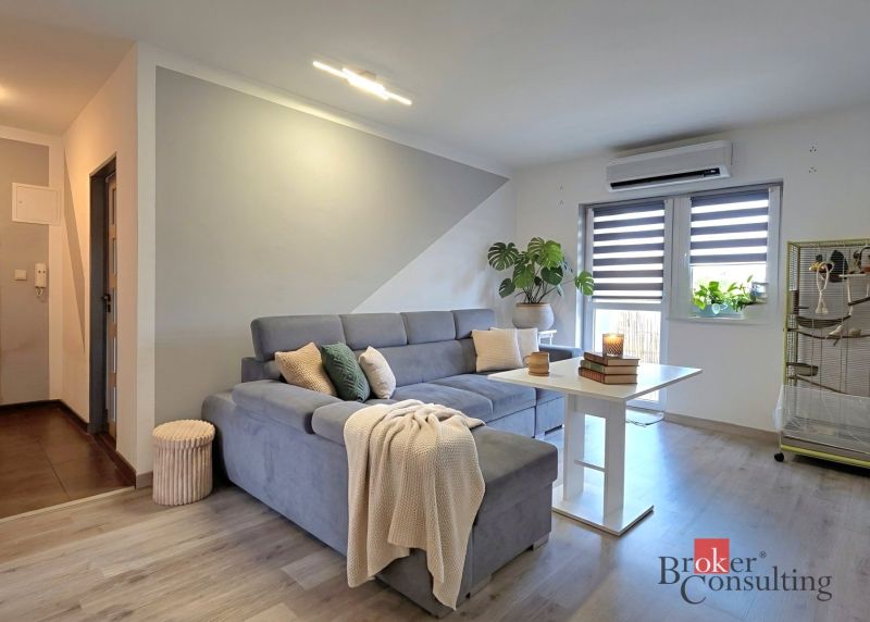 Living room in a 4-room apartment with a sofa and a wooden decor floor.
