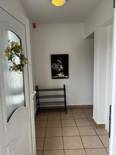 Spacious hallway with tiles, a picture of a lion, and a metal stand.