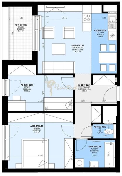 Floor plan of a 3-room apartment with a living room, two bedrooms, a kitchen, and a balcony.