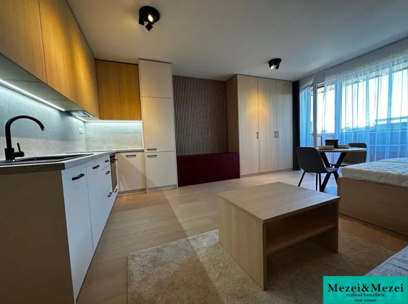 A kitchen with a wood-patterned floor, a dining table, and storage spaces, a studio apartment.