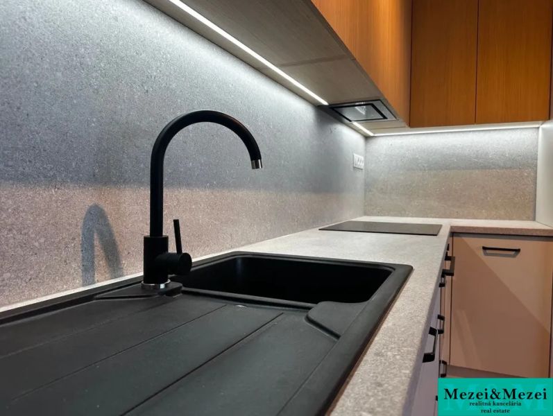 A kitchen unit with a black sink and modern lighting in a studio apartment.
