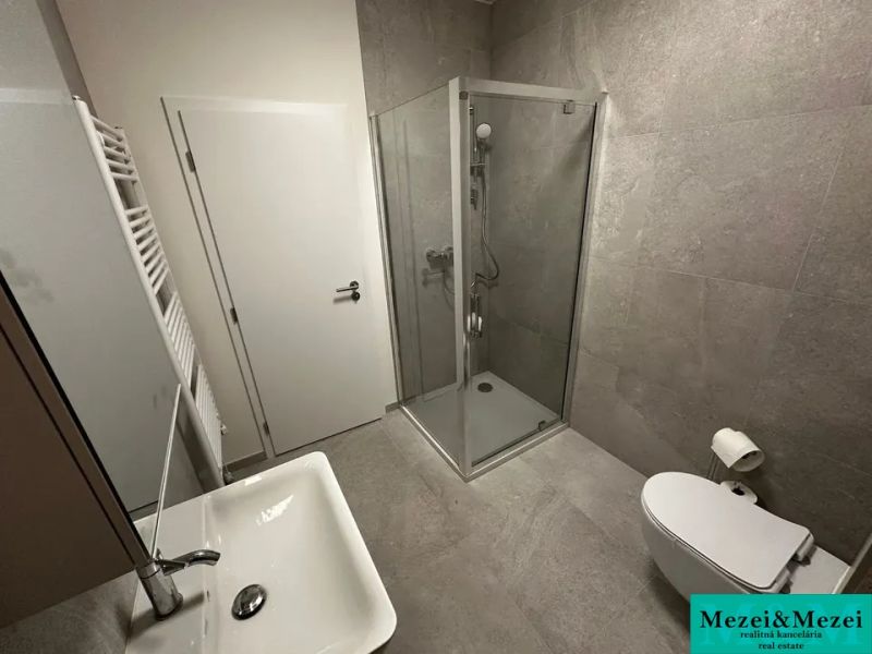 A bathroom in a studio apartment with a shower, sink, and toilet.