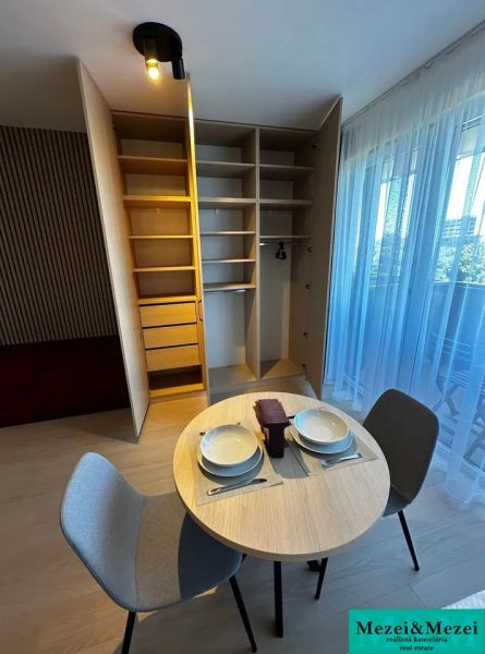 Dining area with a table and a built-in wardrobe in a studio apartment.