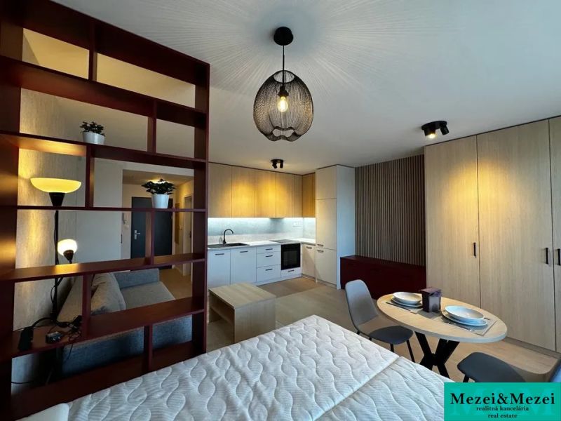 Interior of a 1-room apartment with wood-patterned flooring, kitchen, and furniture.