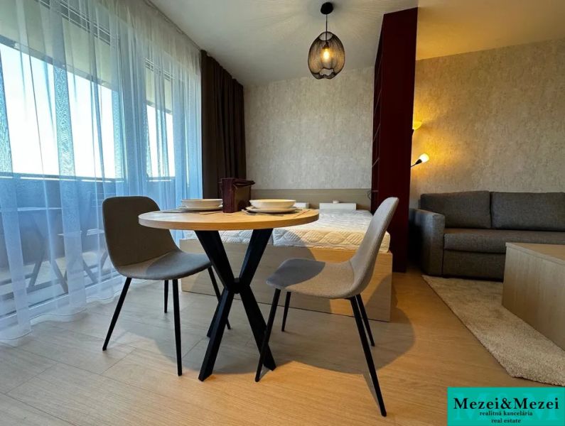 Dining area and living space in a studio apartment with wood-patterned flooring.