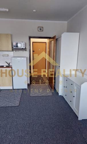 Studio apartment with a kitchenette, refrigerator, and microwave, wooden decor flooring, entrance door.
