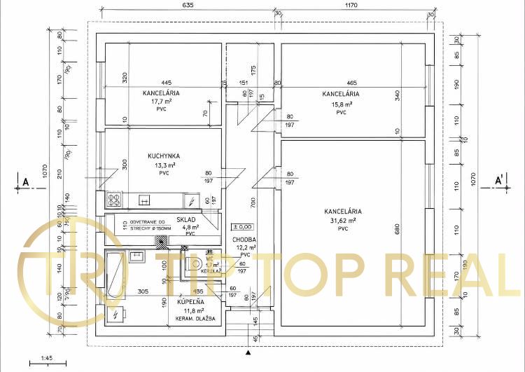 The floor plan of the family house shows offices, a kitchenette, a storage room, and a bathroom.