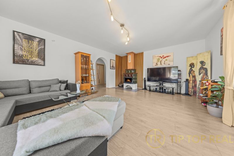 A living room in a family house with a wooden decor floor and a fireplace.