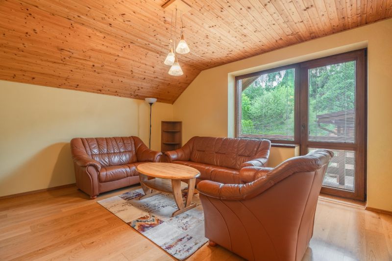 Living room in a family house with leather sofas and a wooden decor floor.