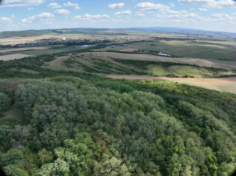 The landscape in Tornaľa with mixed agricultural and forest lands under a clear sky.