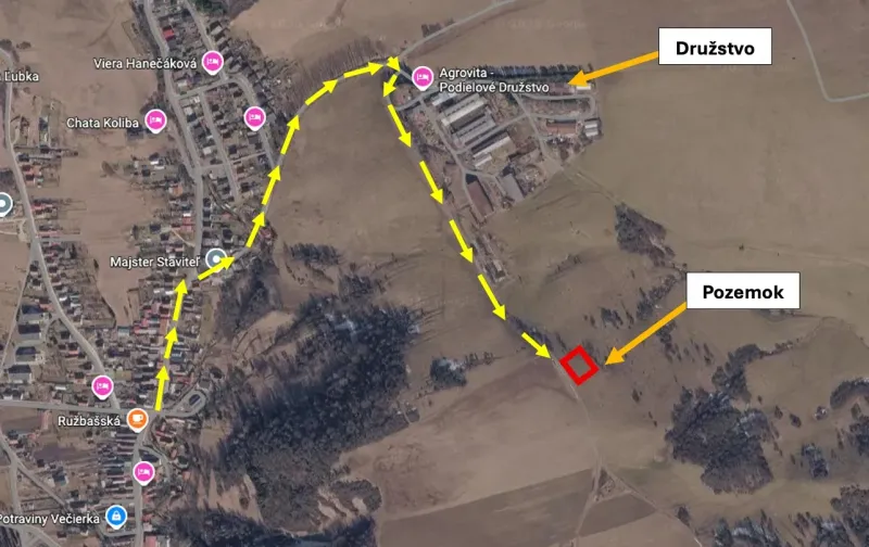 Aerial view of the route to the property through specific real estates in Stará Ľubovňa.