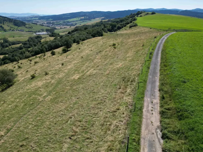 Hilly landscape with green meadows and a country road near the town of Stará Ľubovňa, Unusual properties.