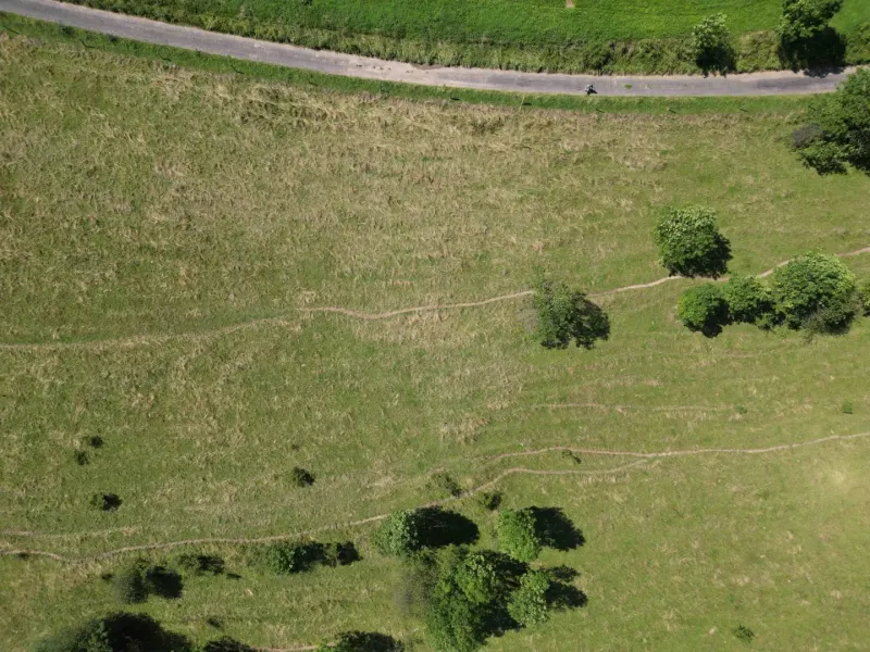 Aerial view of extensive meadows and a road, Unusual properties near Stará Ľubovňa.