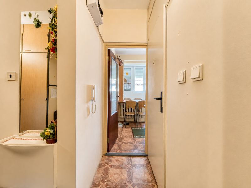 Interior of a 1-room apartment with a hallway and a view into the dining room.
