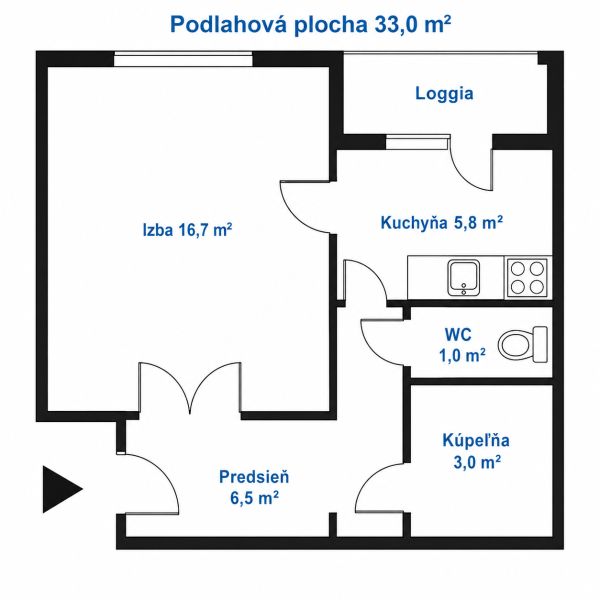 Floor plan of a 1-bedroom apartment with a loggia, kitchen, bathroom, and hallway.