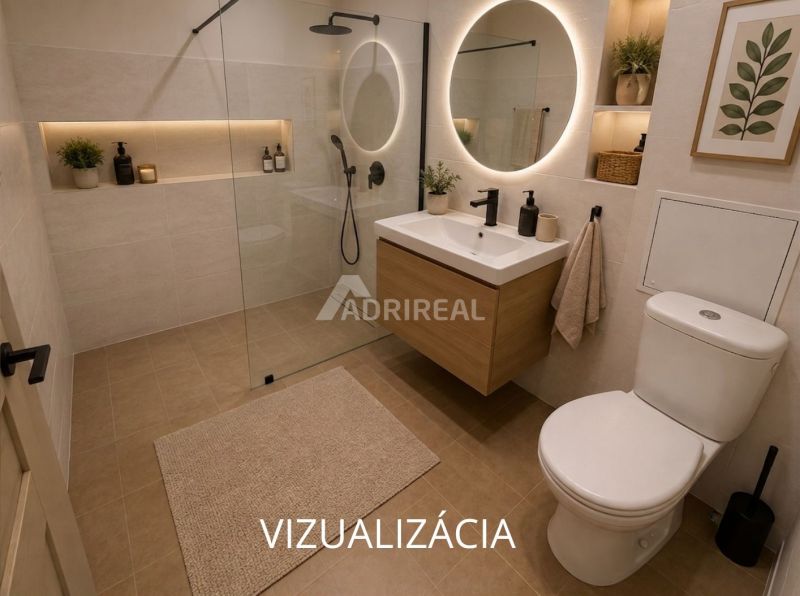 A modern bathroom with wood, a shower, a lighted mirror, and decorative elements in a two-room apartment.