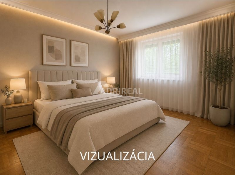 Bedroom in a 2-room apartment with curtains, carpet, and floor with wooden decor.