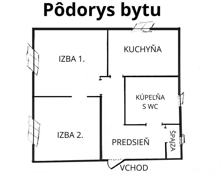 Floor plan of a 2-room apartment: rooms, kitchen, bathroom with toilet, and pantry.