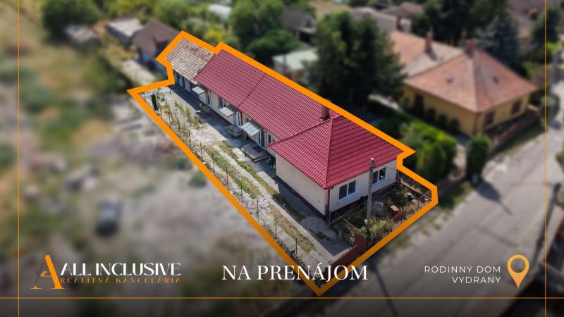 A family house in Vydrany with a red roof, marked for rent.