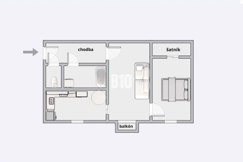 The floor plan shows the layout of rooms, including a closet and a balcony in a 2-room apartment.