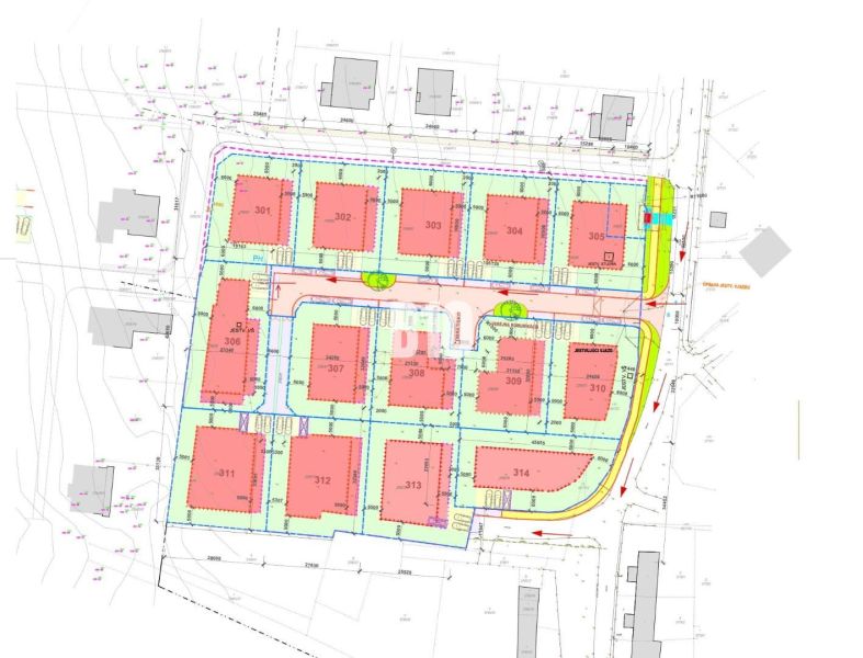 Urban plan of residential plots in Nitra with marked areas and parcels.