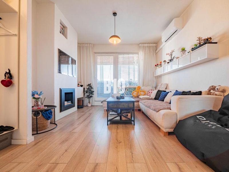 Living room in a 3-room apartment with a wooden decor floor, sofa, and fireplace.