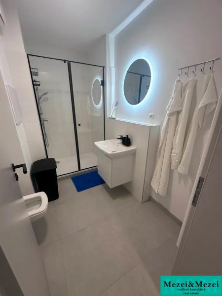 A bathroom with a round mirror, a shower corner, and a sink in a 2-room apartment.