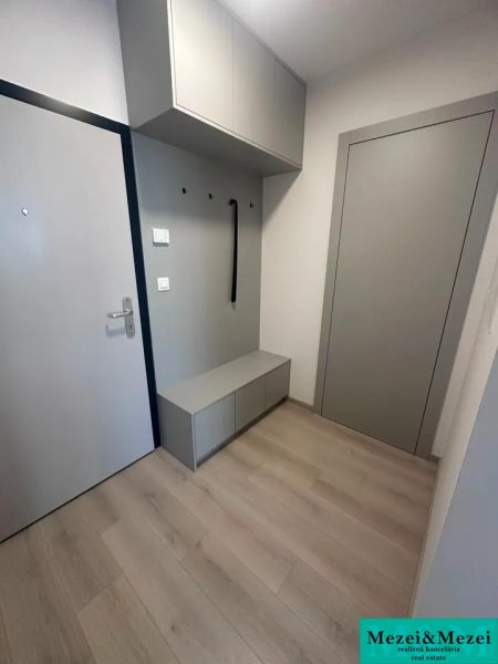 Entrance hallway in a 2-room apartment with wood-patterned flooring and storage space.
