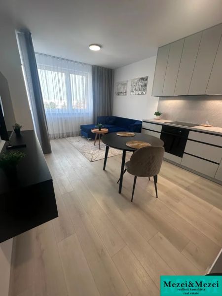 Living room in a two-room apartment with a wooden decor floor, dining table, and sofa.